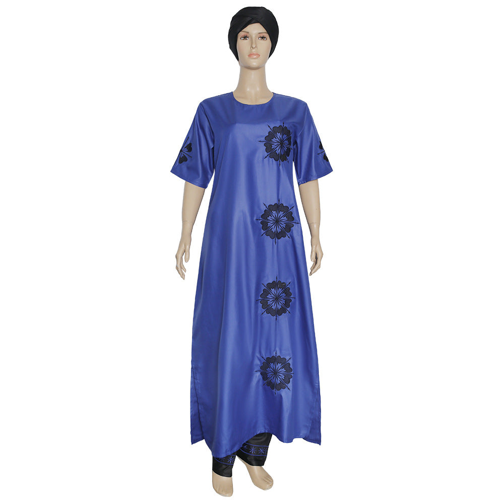 Wholesale   two-piece set short sleeve matte fabric dress with headscarf maxi dress plus size women's