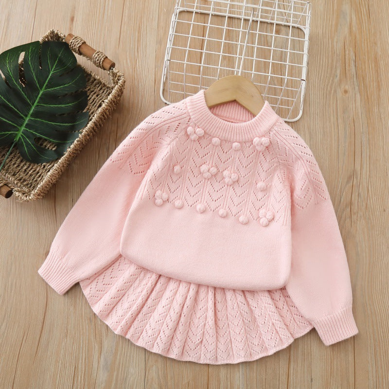 Kids' knit sweater dress set -  autumn new collection - handmade floral knit two-piece set - sweet girl's sweater outfit