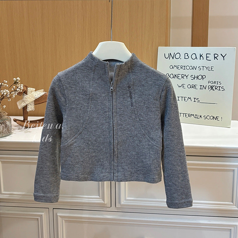 New girls' autumn outfit: versatile grey sports jacket - stylish and trendy casual outerwear for baby girls, fashionable children's clothing