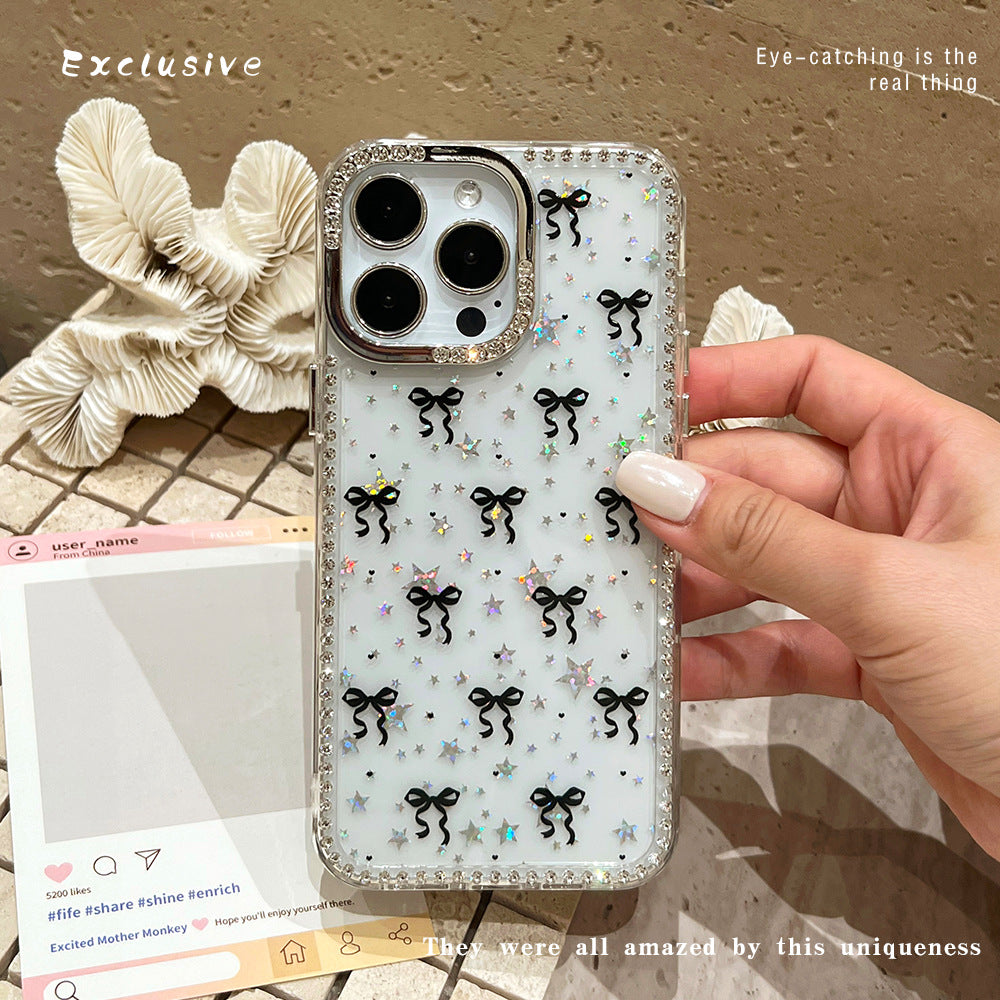 Suitable for iphone17air flash diamond mobile phone case black bow apple 16pro trendy diamond protective case 15