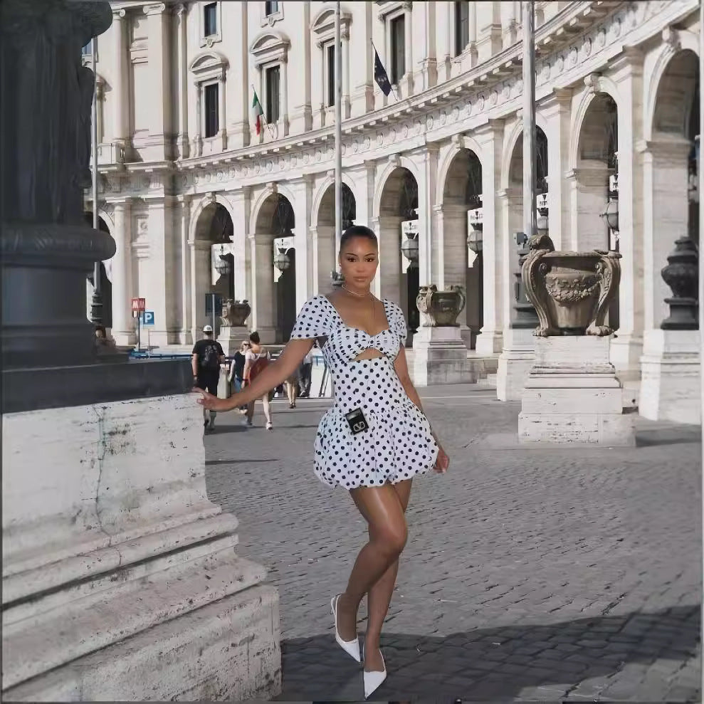 European and american cross-border women's fashion  autumn new arrival short-sleeve u-neck polka dot print cutout ruched sexy dress