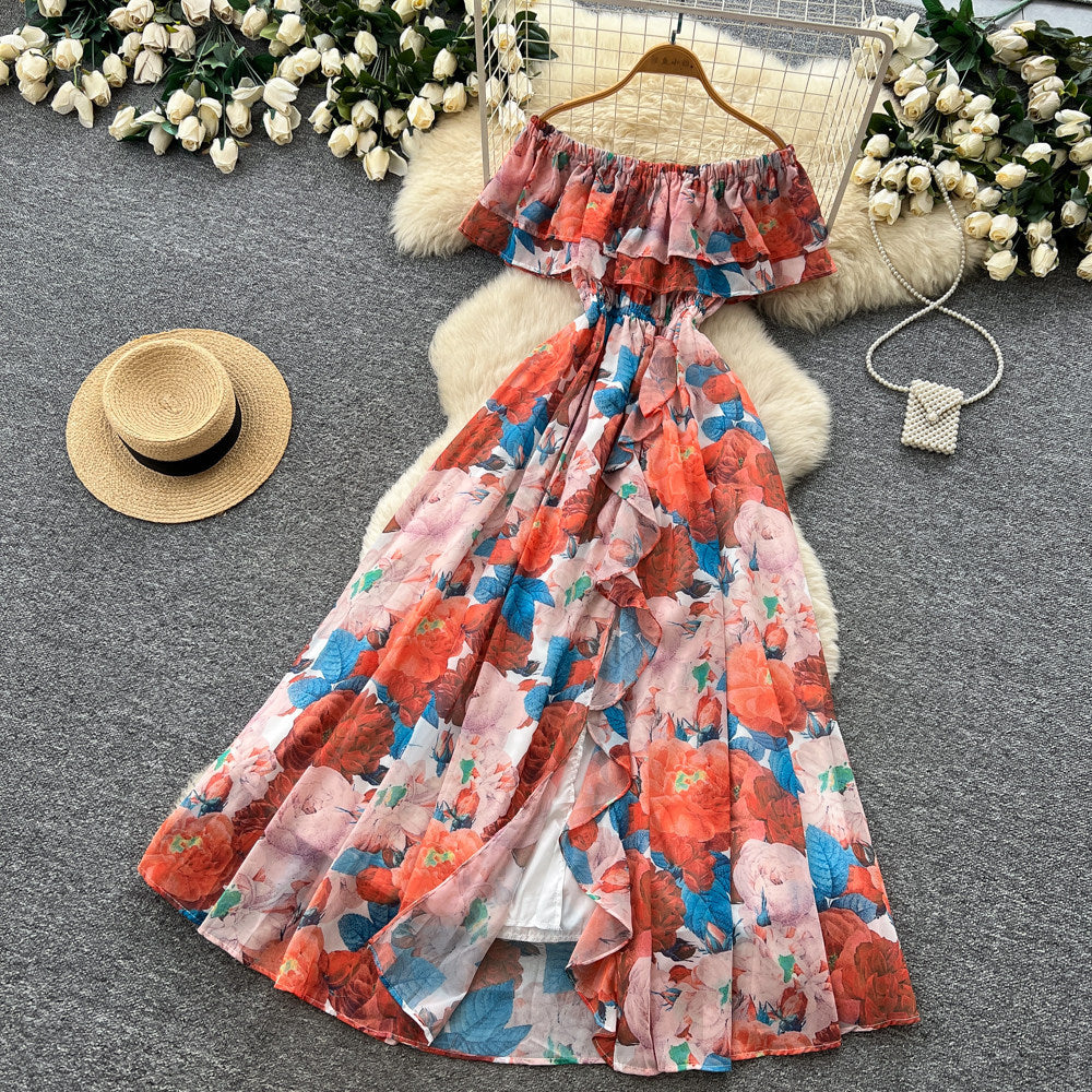 Pure desire style one shoulder ruffles floral dress women's summer sleeveless waist slimming lookelegant vacation style long dress