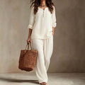 european and american plus size off-white cotton linen two-piece set: small v-neck, half-open placket long sleeve top and loose wide-leg pants
