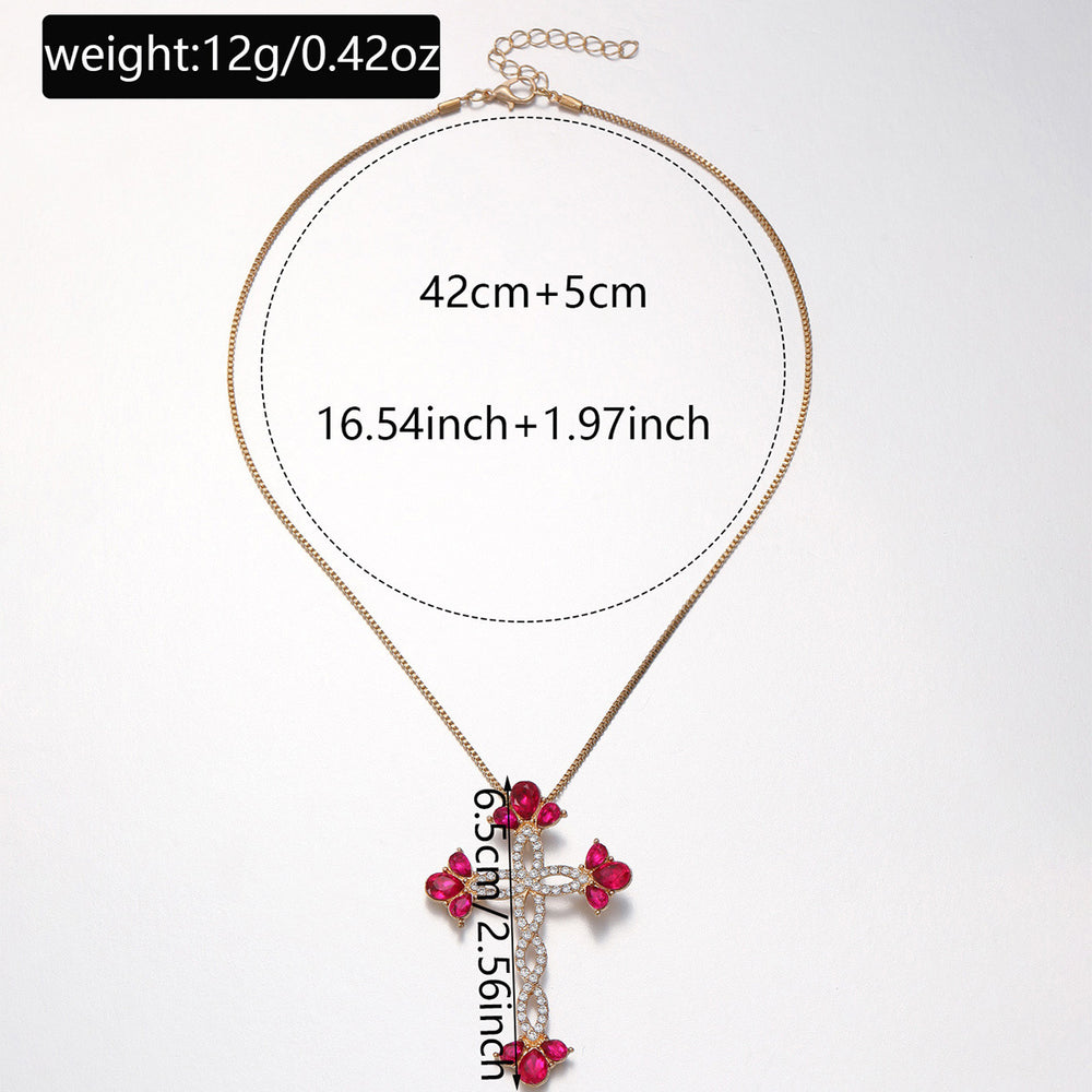 European and american cross-border jewelry: fashionable and sweet cross pendant necklace, light luxury high-end red diamond-encrusted choker