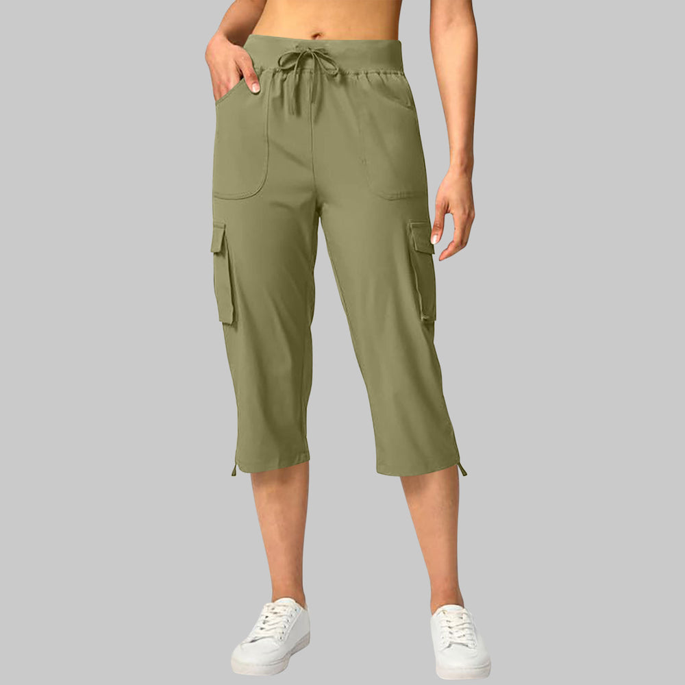 european and american cross-border summer new solid color women's elastic waist casual cargo capri pants with pockets