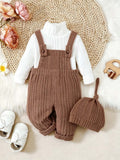 girl fashion style thickened brushed knitting turtleneck tops + overalls hat children's suit three-piece set
