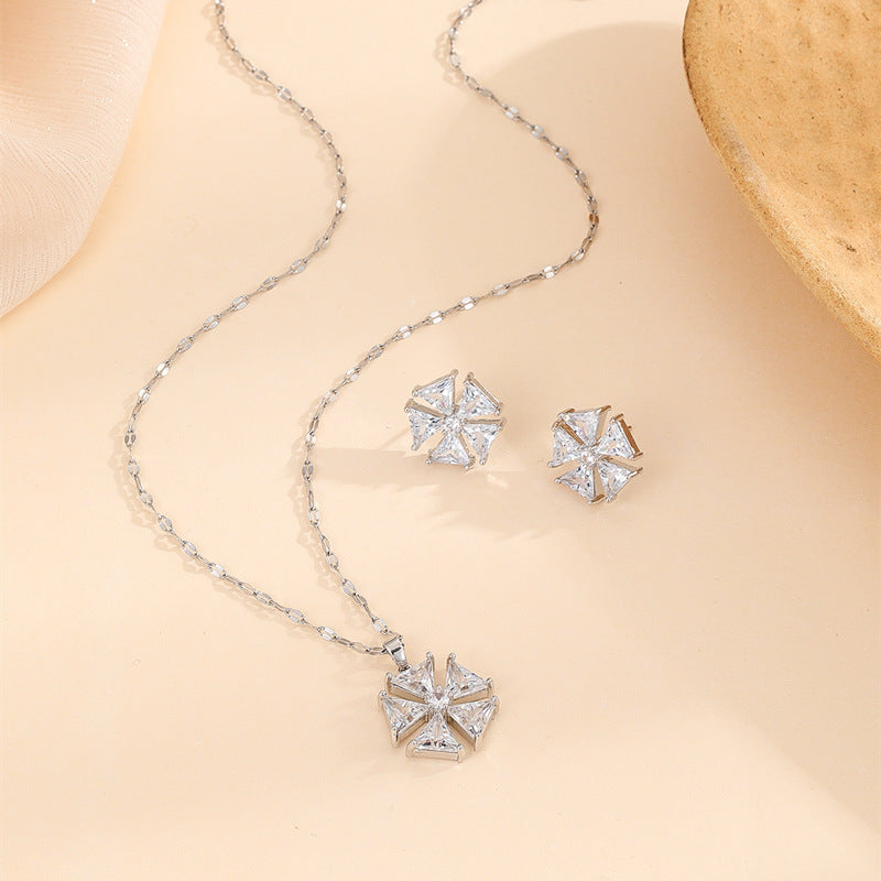 [titanium steel] necklace women's gemstone geometric pendant earrings set high-end light luxury niche clavicle chain jewelry wholesale