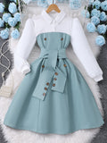 Children's long-sleeve collared button-up color block dress