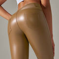 Clearance european and american sexy pu leather pants plus size tummy control leggings sports with pockets skinny pants brushed style bottom pants