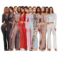 fashionable women's sexy leopard print thumbhole flare long sleeve two-piece set - hot seller in europe and the us