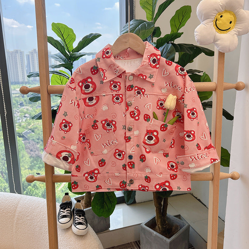 Kidsautumnew arrivalpure cottonoutwearfashionable cartoon outwear stand collar shirt western stylek-stylespring & falleasiest for match
