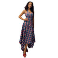 European and american cross-border women's fashion:  summer new collection - chic halter neck plaid ruched bodycon asymmetrical slip dress