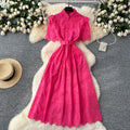 Elegant women's dress - summer : slim-fit, stand collar, short sleeve, openwork crochet embroidery, single-breasted long dress
