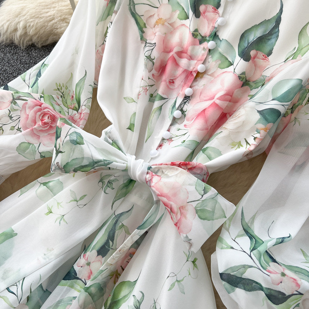 French romantic floral print tie-waist dress - women's early spring long sleeve v-neck a-line maxi dress - elegant