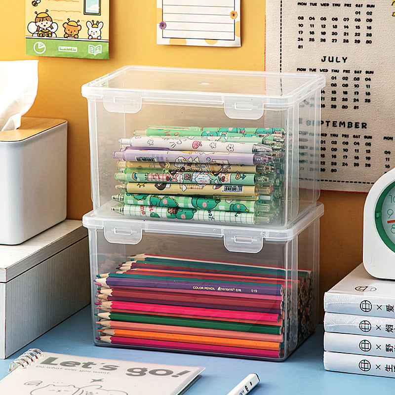 Desktop marker storage box with lid Transparent desk Stationery storage box Rectangle flip plastic pencil case