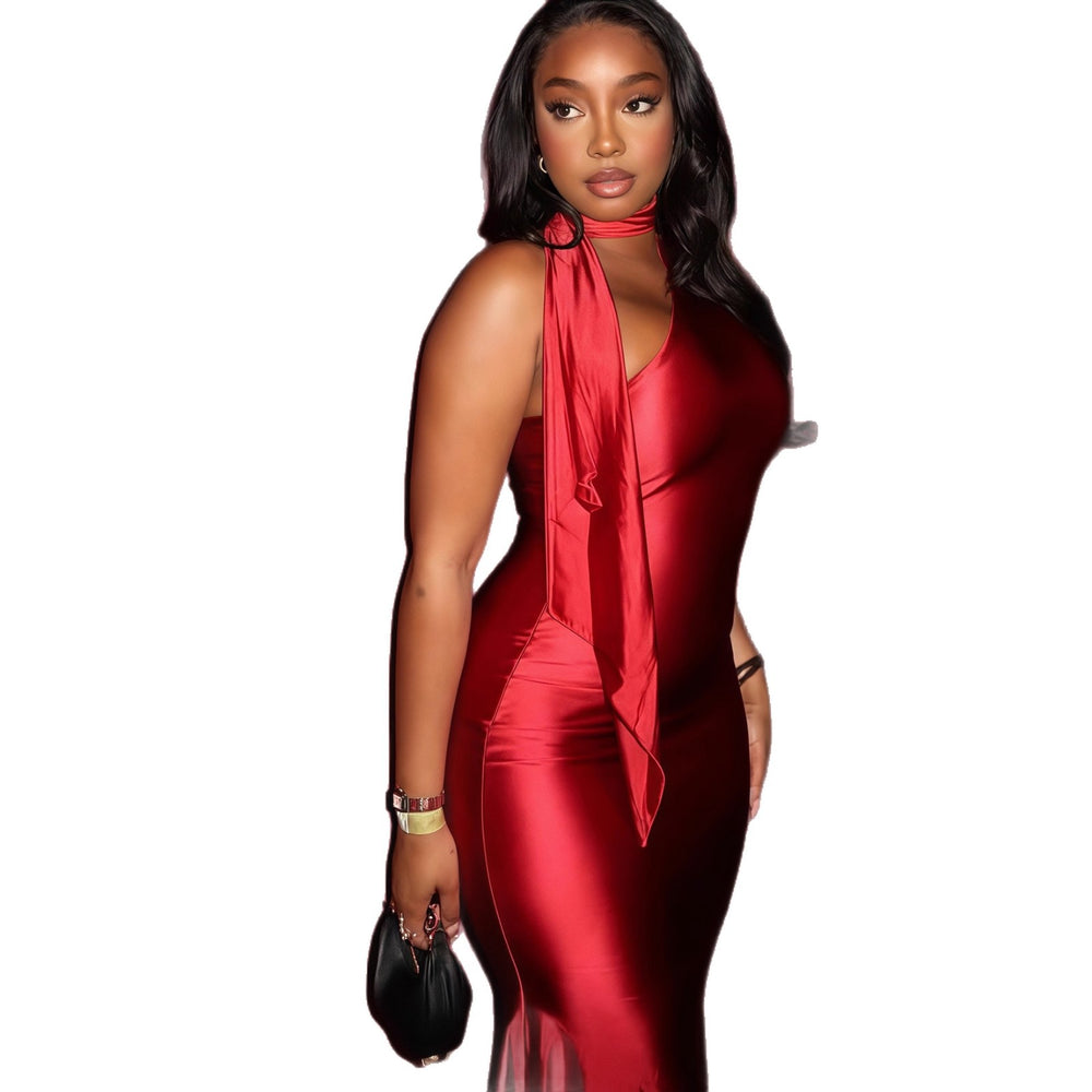 European and american cross-border chic women's clothing:  autumn new arrival - solid color sleeveless asymmetrical neck slim-fit long slip dress