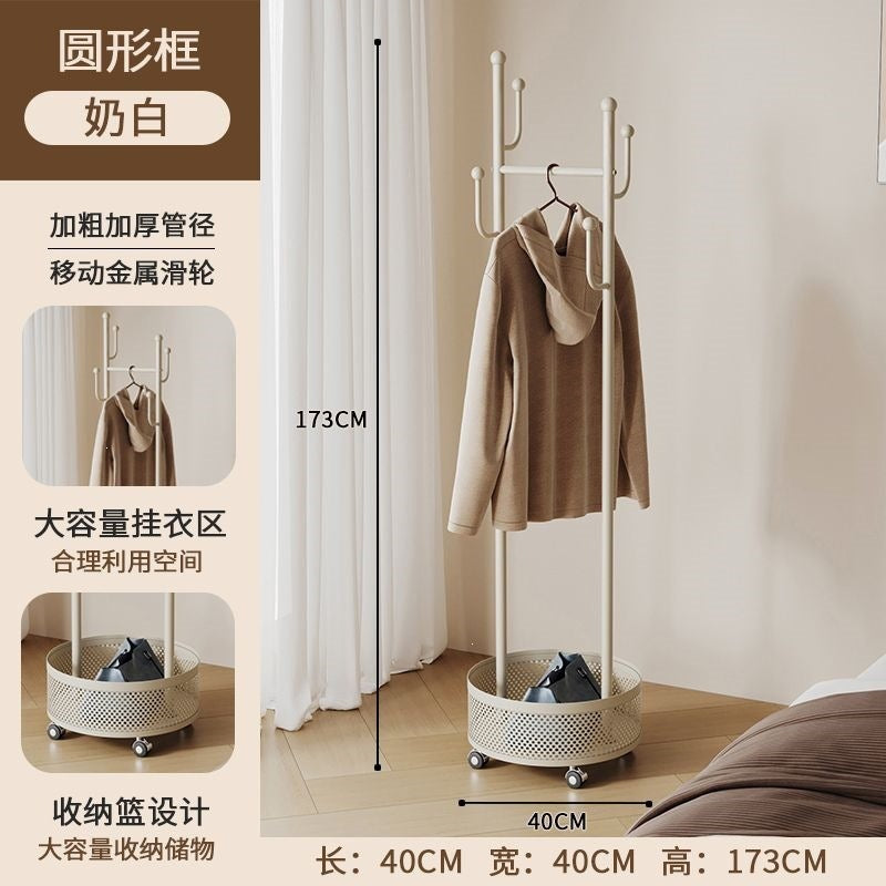 Bedroom floor-standing secondary net clothes hanger, small clothes hanger with dirty clothes basket, movable coat rack, round frame black