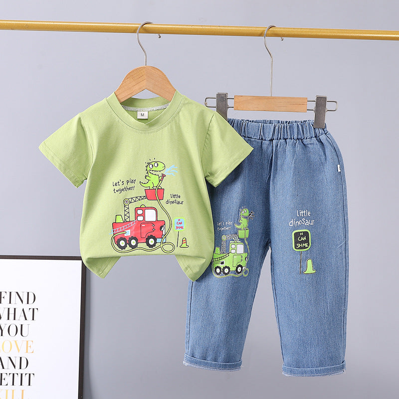 Summer new arrivals: toddler & kids' denim pants & cartoon print short sleeve two-piece set - multiple styles available