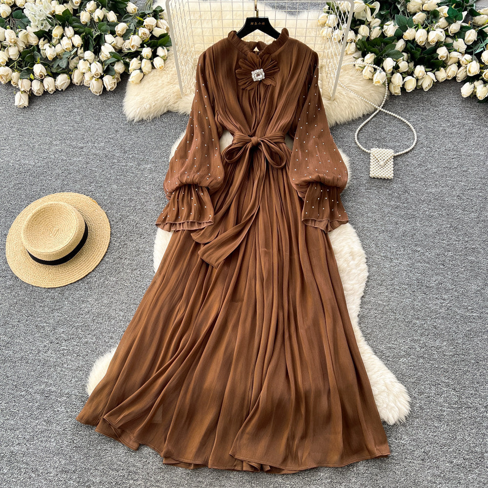 Lightly mature style diamond-encrusted elegance a-line dress women's long sleevestie back waist slimming lookelegant pleated long skirt work clothing