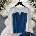 Chic hong kong style women's two-piece set: designer short-sleeve t-shirt with denim patchwork top + high-waisted casual straight-leg pants