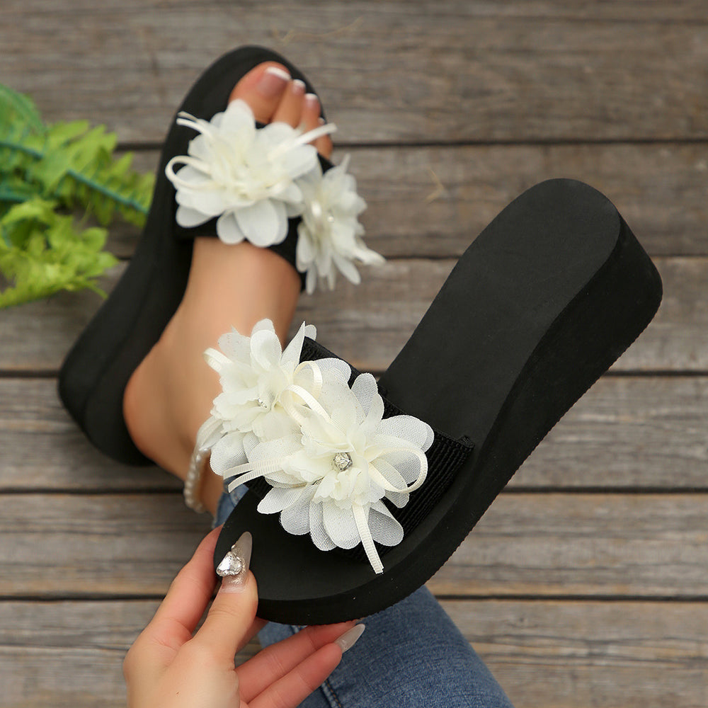 plus size round toe one-shaped wedge slippers 2025new arrival rhinestone flower women's exportfashionexport slippers