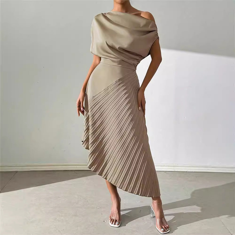 Amazon fashion summer new arrivalelegance oblique shoulder one-line collar pleated hip covering sense of design asymmetricaldress women
