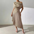 Amazon fashion summer new arrivalelegance oblique shoulder one-line collar pleated hip covering sense of design asymmetricaldress women