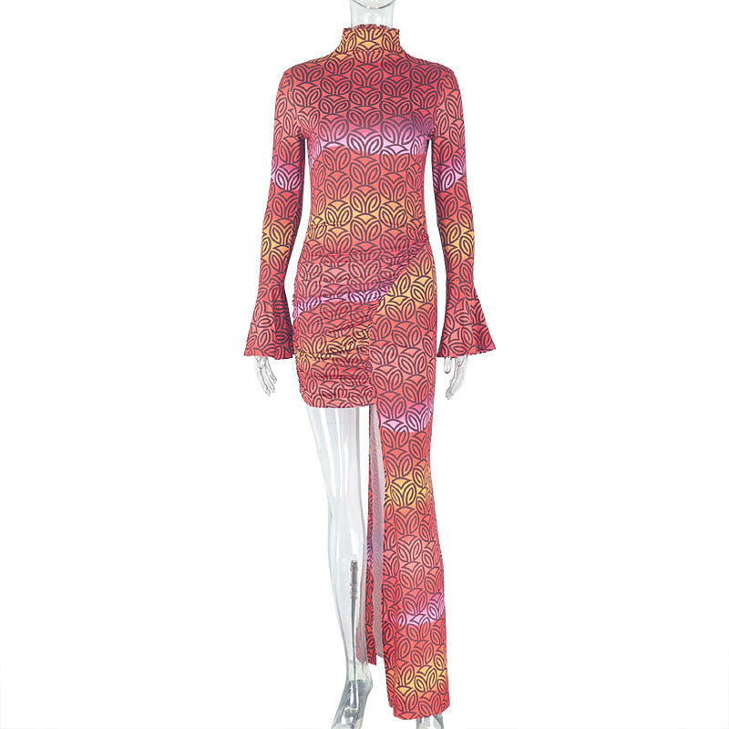 Fashionexportstylishtrendy women's clothes hip covering silm printingfashionasymmetrical skirt high collar long sleeves short dress
