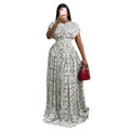 European and american cross-border women's fashion:  summer new arrivals - elegant round neck printed waist-cinching maxi dress with flared skirt and short sleeves