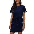 european and american cross-border women's round neck solid color raglan sleeve short sleeve drawstring mini skirt activewear set