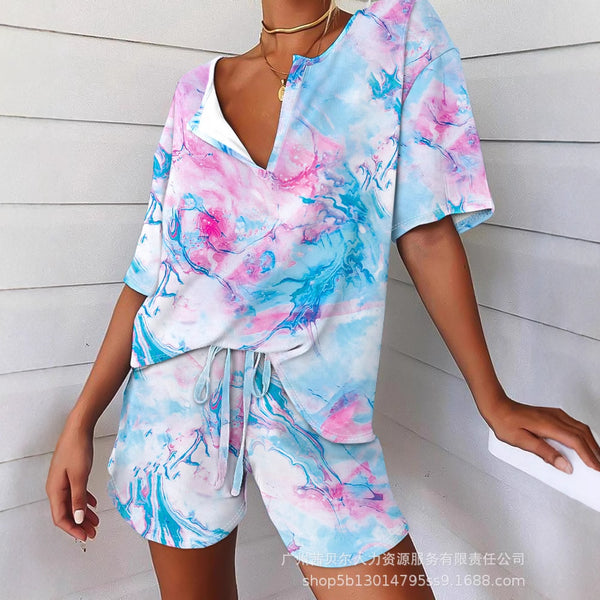 YSK2642A1 European and American  tie-dye printed top + pants two-piece set