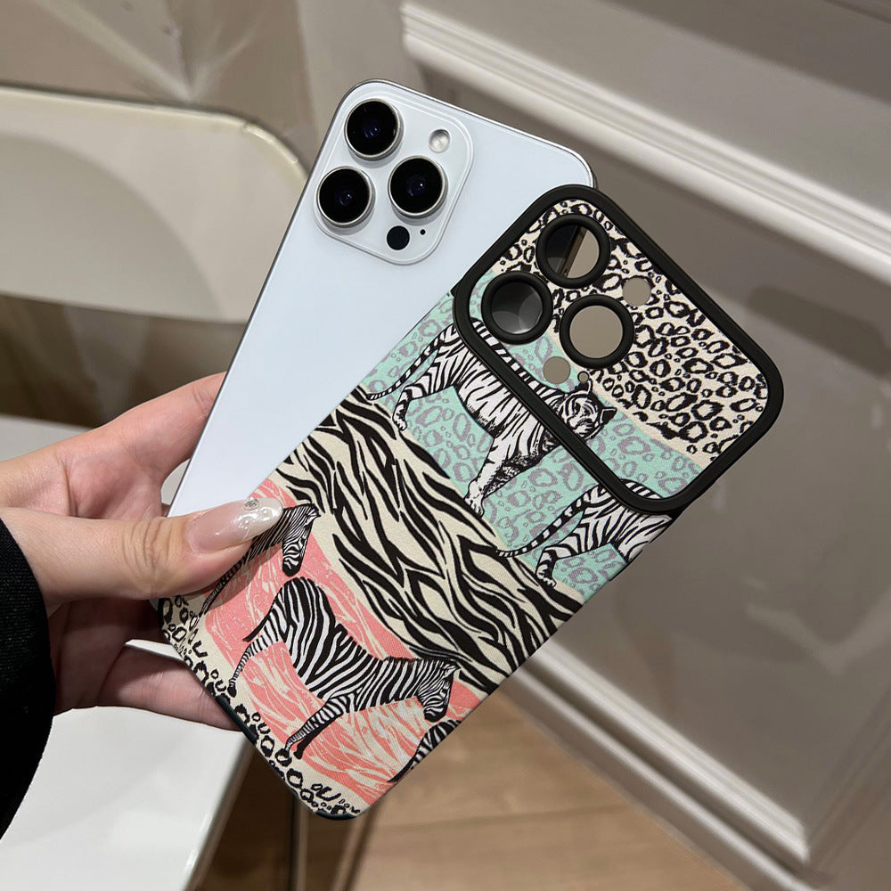 American retro zebra leopard print case for apple iphone 17 plus large window soft shell iphone 16 animal print patchwork phone case