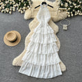 French style halter neck sexy backless dress - women's white tiered dress - slimming, high-end, vacation-ready maxi dress