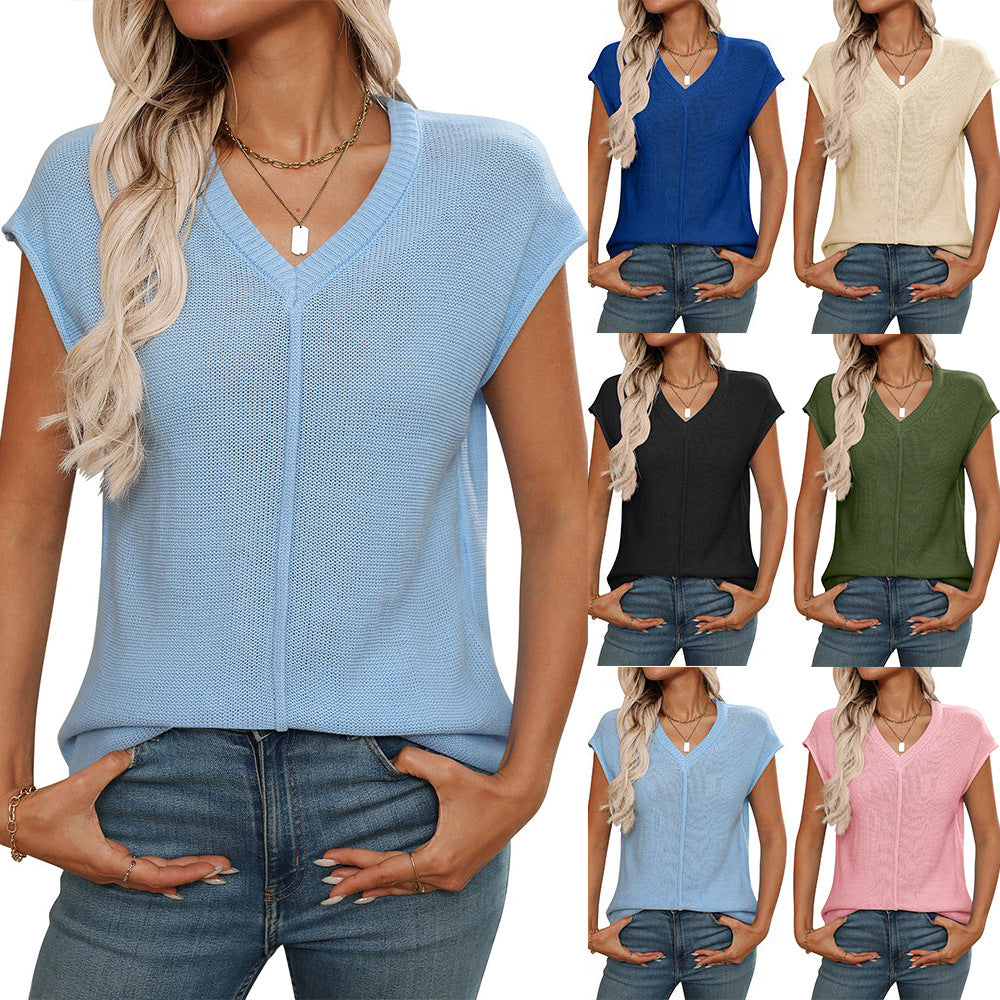 2025 summer new  European and American women's clothing  women's V-neck top knitted thick needle casual sweater