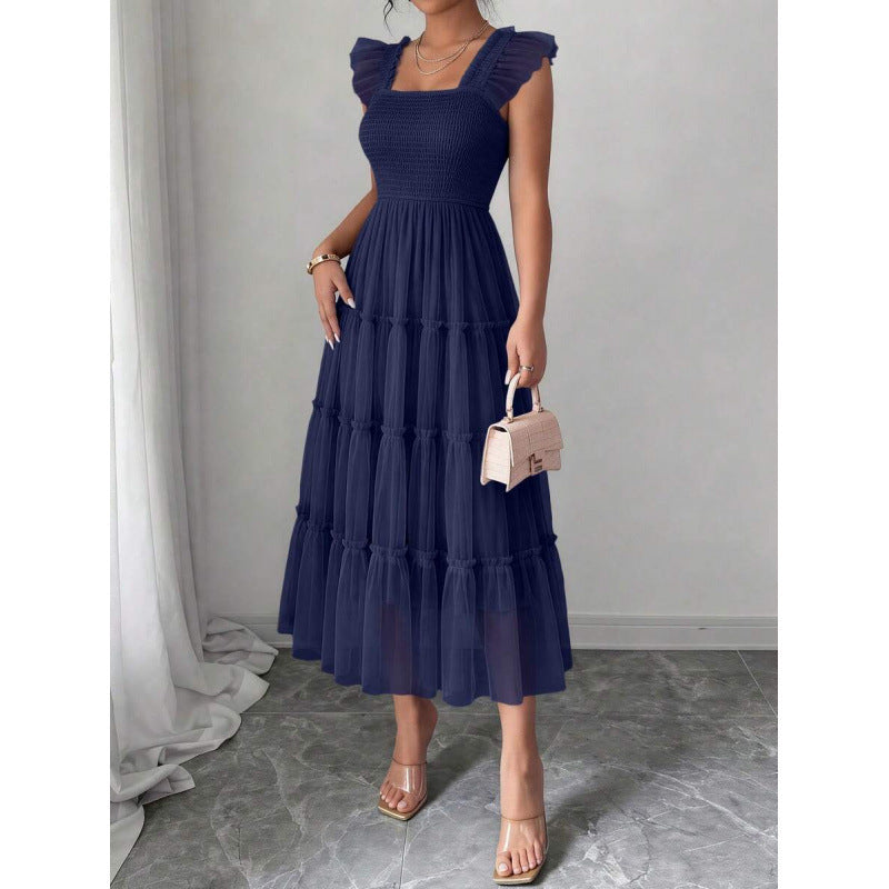 fashion  summer new arrival flying sleeve ruched ruffles vacation elegant mesh dress
