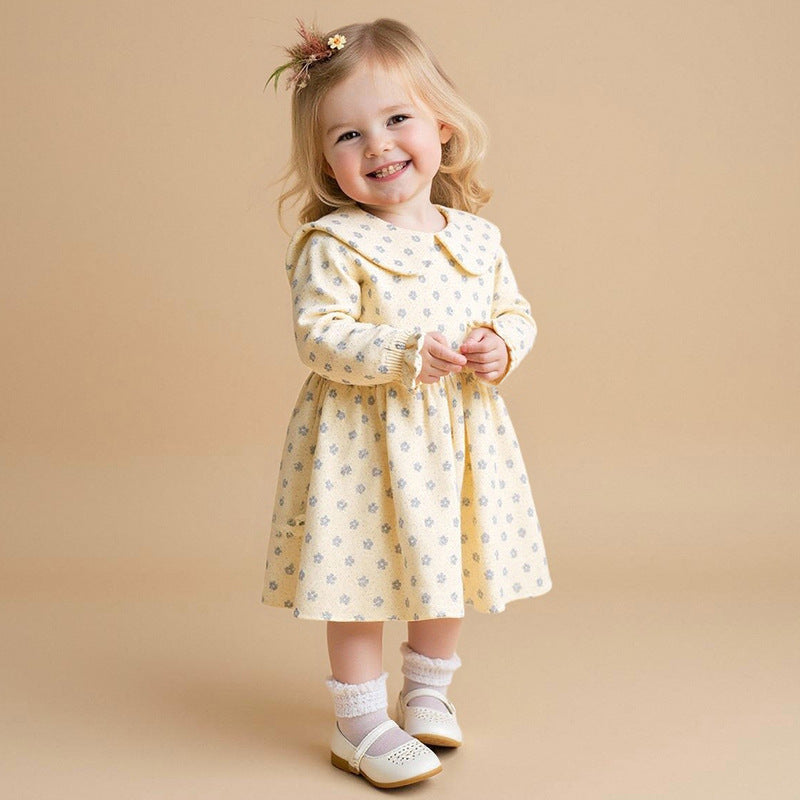 Girls' autumn dress: stylish princess dress for baby girls, fashionable long-sleeved floral print with turn-down collar, new spring and autumn collection
