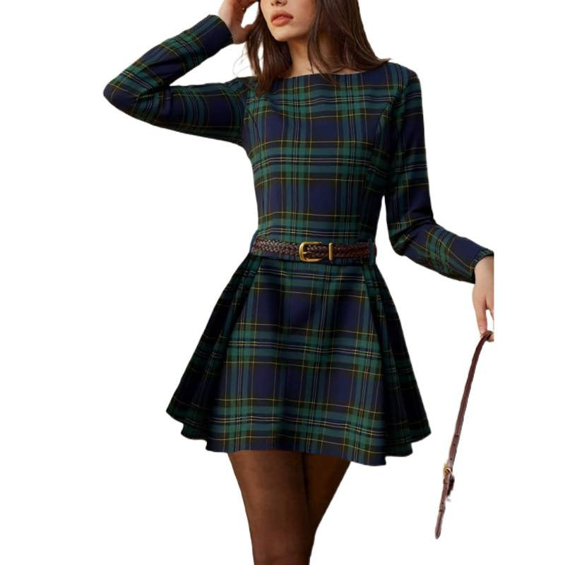 Women's autumn/winter fashionable and elegant round neck plaid long sleeve short dress - perfect for dates (belt not included)