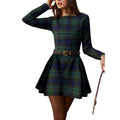 Women's autumn/winter fashionable and elegant round neck plaid long sleeve short dress - perfect for dates (belt not included)