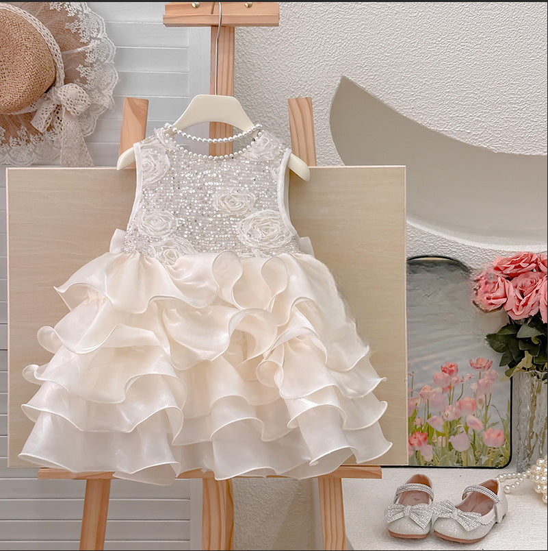 summer girls' sequin floral high-end dress, stylish princess party dress for baby girls, wholesale chic dresses