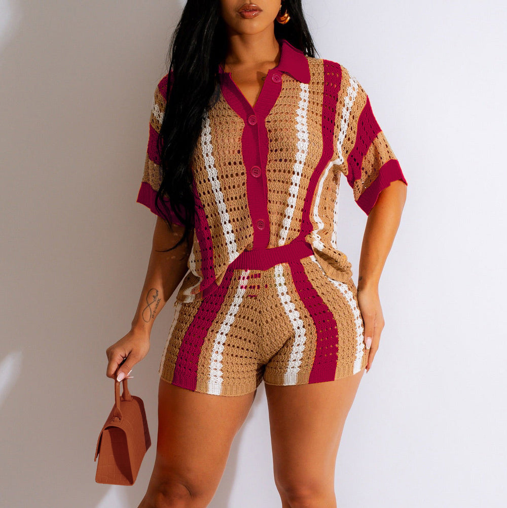 Amazon hot selling european and american women's clothing sexy women's cut out see-through contrast color lapel knitting shorts suit
