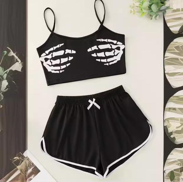 Fashion cross-border   fashion women's clothing skull hand printing suspender tops and shorts home wear suit