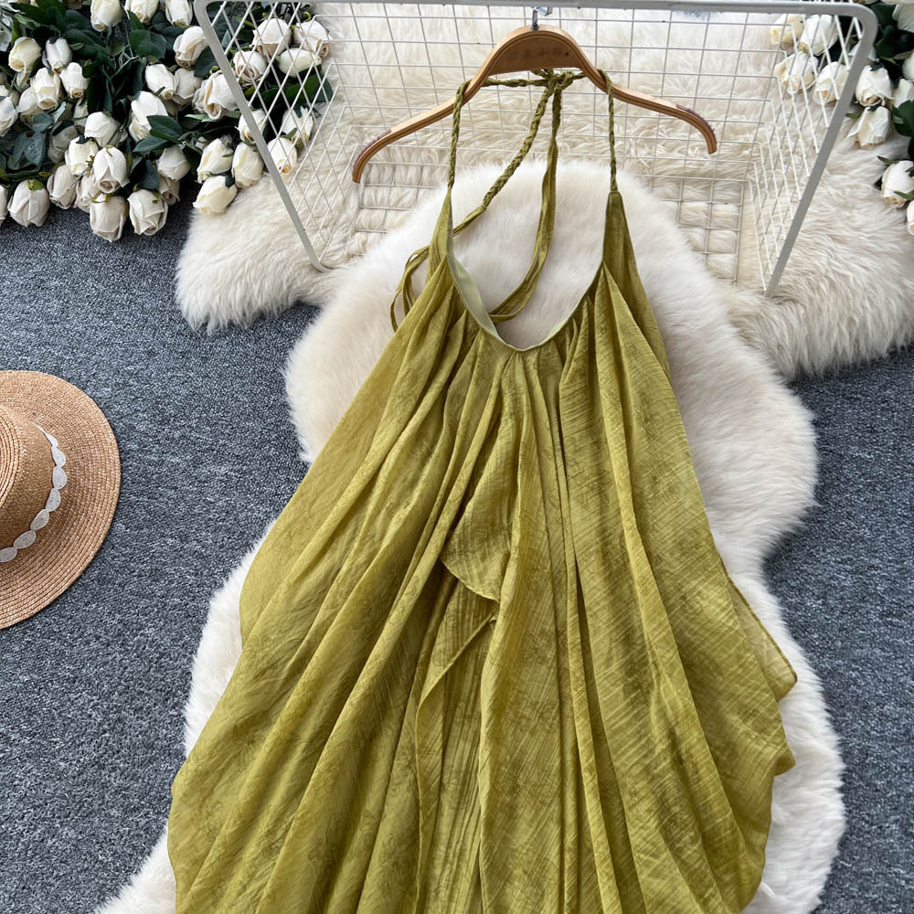 French holiday style halter backless suspender dress women's pure desire classy sense of asymmetrical atmosphere elegant long skirt