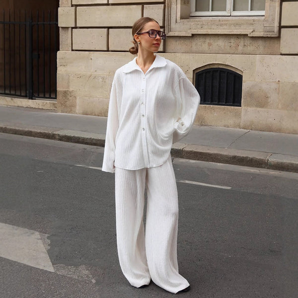 European and American autumn high-end white pleated shirt straight trousers two-piece fashion drape loose suit women's clothing