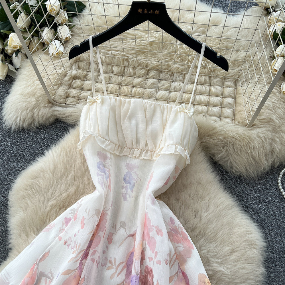 French vacation style sleeveless suspender floral dress female summer k-style high waistslimming look gentle sweetelegant short skirt