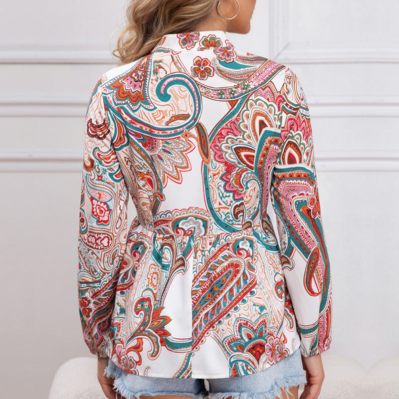 cross-border code new arrival  women's original elegant v-neck printed long sleeve casual blouse