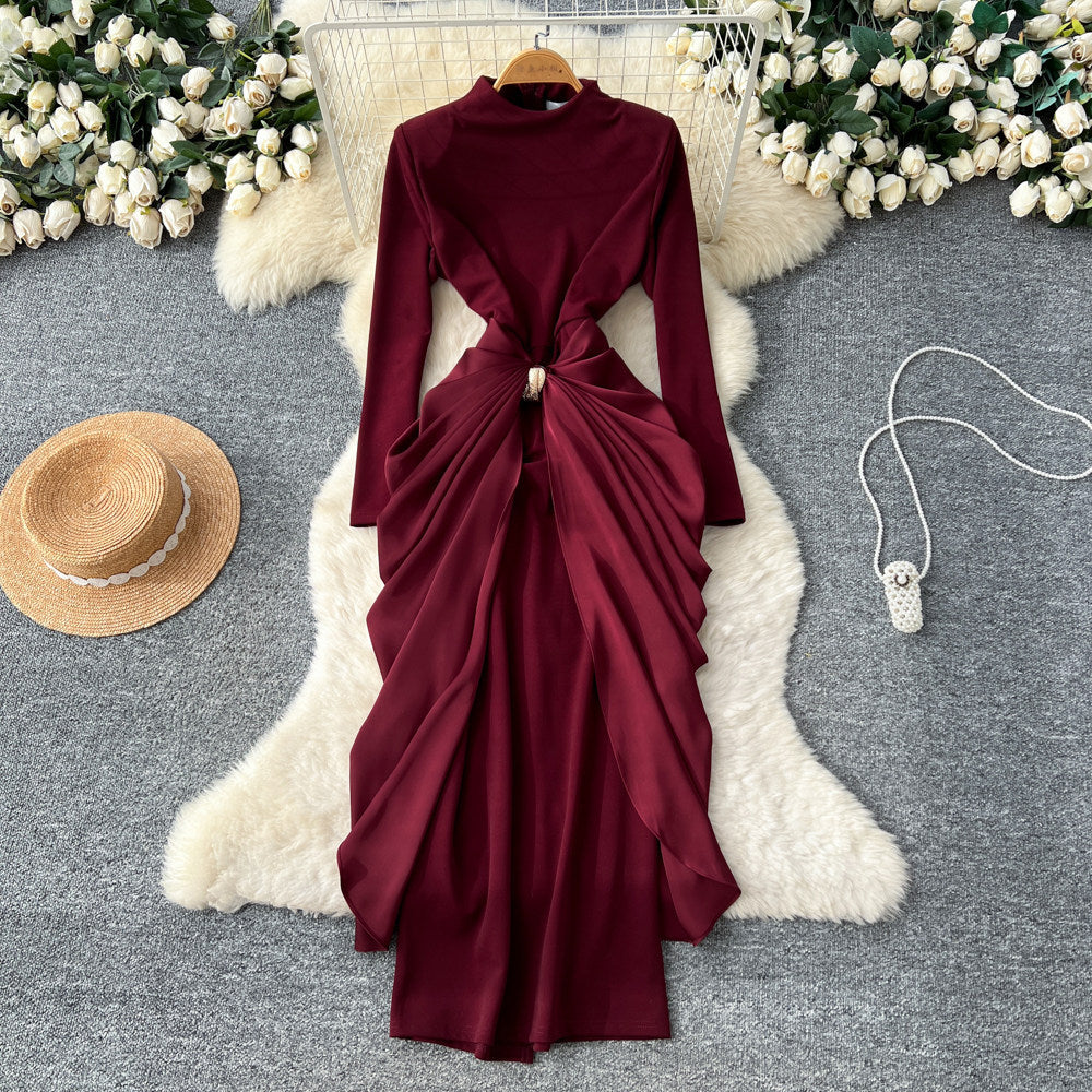 Elegant and chic semi-high neck pleated long sleeve dress - women's red, slim-fit, a-line maxi dress with figure-flattering waist
