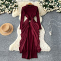 Elegant and chic semi-high neck pleated long sleeve dress - women's red, slim-fit, a-line maxi dress with figure-flattering waist