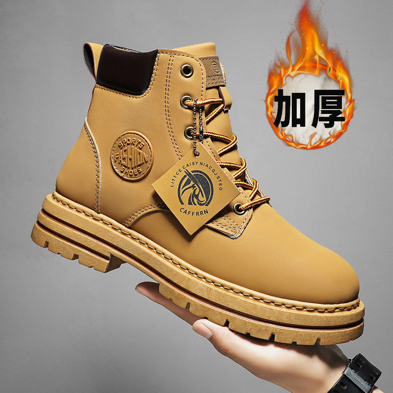 Men's martin boots: vintage british style, rugged yellow boots, fashionable and versatile, fleece-lined for warmth, thick winter boots, height-increasing work boots