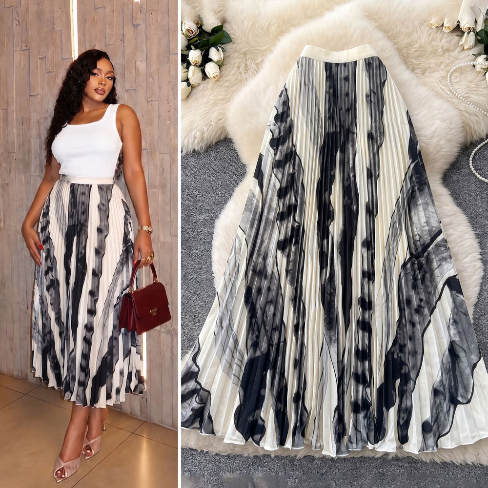 fashionretroprintingpleated elastic waist fashion skirt women's high waist a-line skirt work clothing long skirt summer