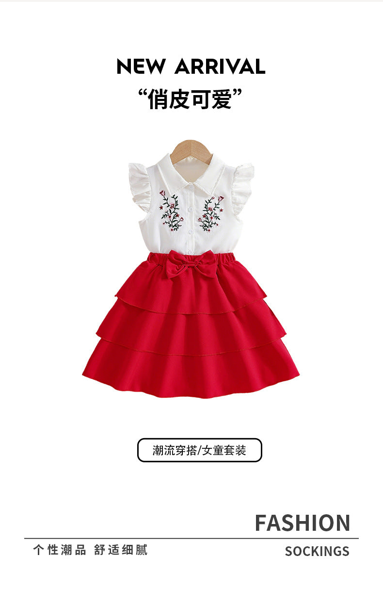 Girls' summer outfit set: printed top with peter pan collar and flutter sleeves, red tiered skirt - two-piece set for kids